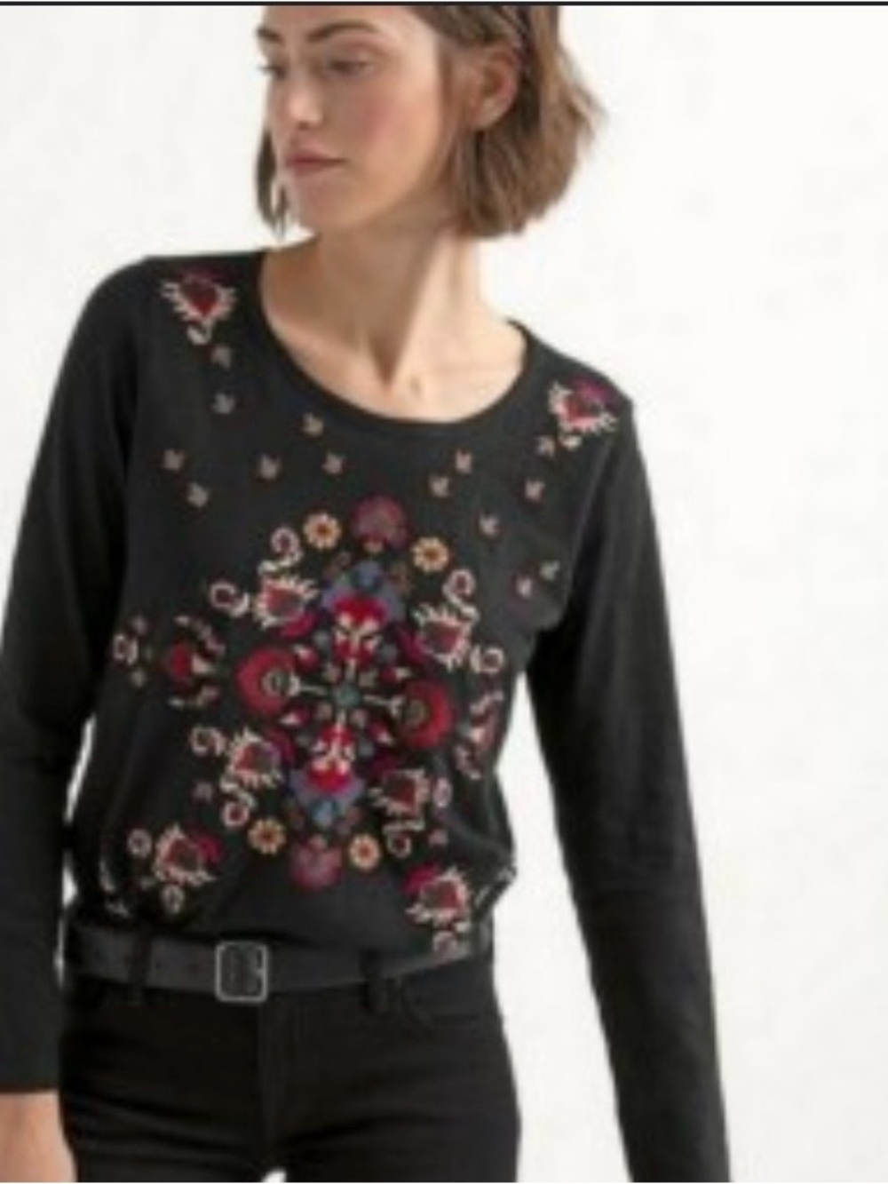 Lucky Brand Black Embroidered Long Sleeve Boho T Shirt Fairy Grunge Cottagecore